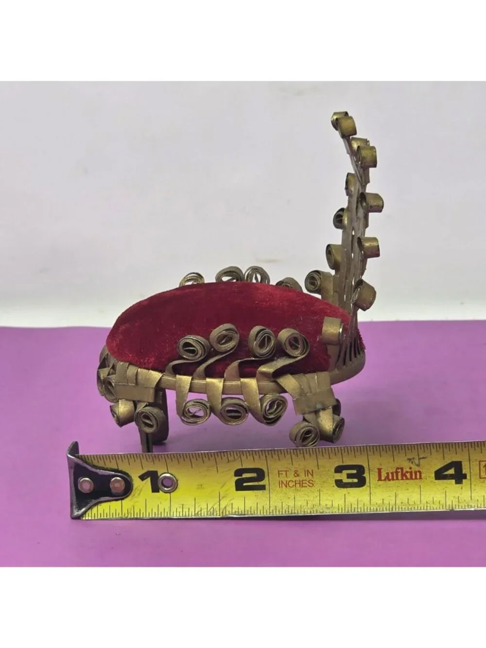 Vintage Handmade Tin Metal Scroll Chair Red Velvet Dollhouse/PinCushion Folk Art